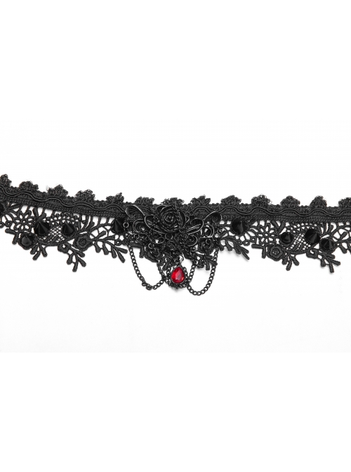 Front Center Plastic Decoration Gem Pendant Metal Rivet Chain Black Gothic Thick Rose Lace Necklace
