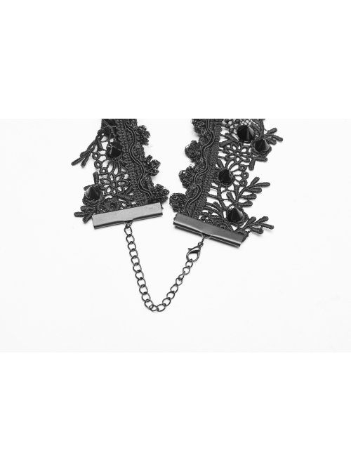 Front Center Plastic Decoration Gem Pendant Metal Rivet Chain Black Gothic Thick Rose Lace Necklace