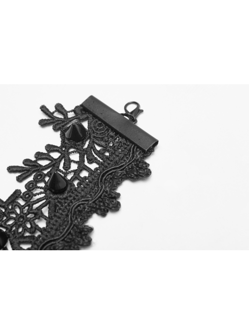Front Center Plastic Decoration Gem Pendant Metal Rivet Chain Black Gothic Thick Rose Lace Necklace