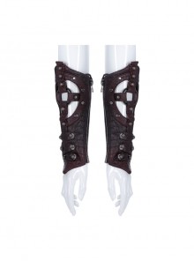 Front Hollow-Out Metal Ring Strap Lace-Up Wine Red Punk Imitation Crocodile PU Gloves