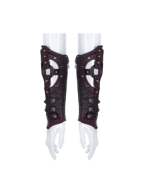 Front Hollow-Out Metal Ring Strap Lace-Up Wine Red Punk Imitation Crocodile PU Gloves