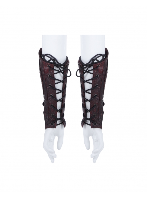 Front Hollow-Out Metal Ring Strap Lace-Up Wine Red Punk Imitation Crocodile PU Gloves