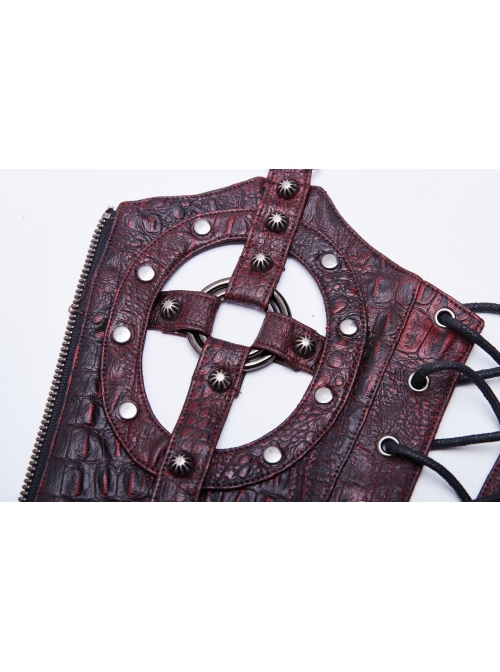 Front Hollow-Out Metal Ring Strap Lace-Up Wine Red Punk Imitation Crocodile PU Gloves