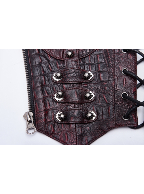 Front Hollow-Out Metal Ring Strap Lace-Up Wine Red Punk Imitation Crocodile PU Gloves