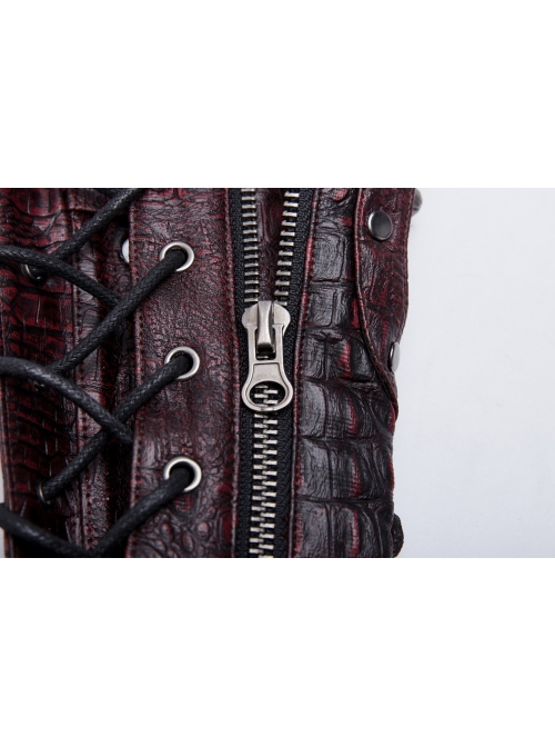 Front Hollow-Out Metal Ring Strap Lace-Up Wine Red Punk Imitation Crocodile PU Gloves