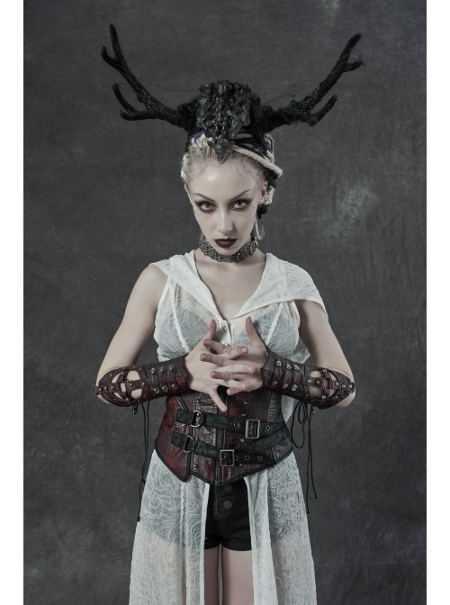 Front Hollow-Out Metal Ring Strap Lace-Up Wine Red Punk Imitation Crocodile PU Gloves