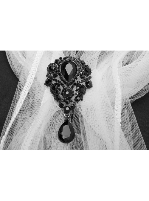 Black Gem Pendant White Fine Mesh Gothic Scarf