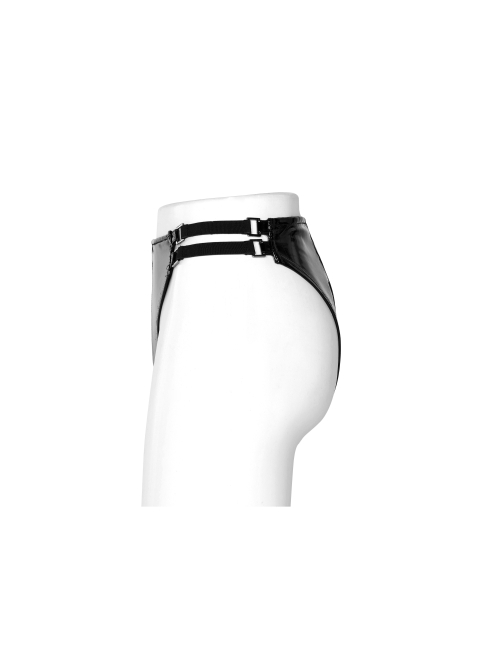 High Waist Side Metal Buckle Black Punk Tight PU Leather Thong
