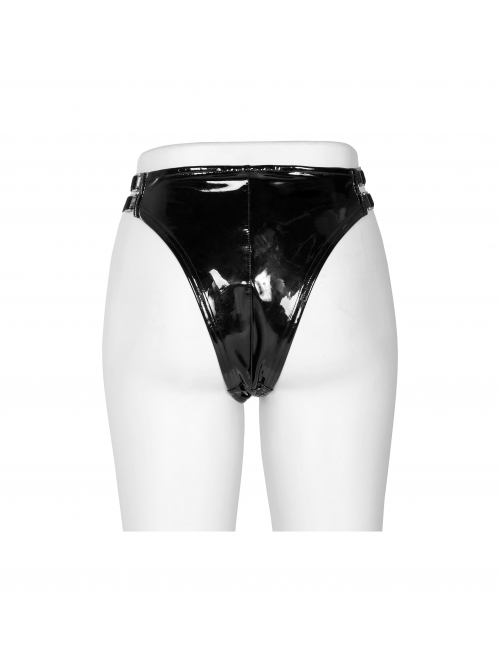 High Waist Side Metal Buckle Black Punk Tight PU Leather Thong
