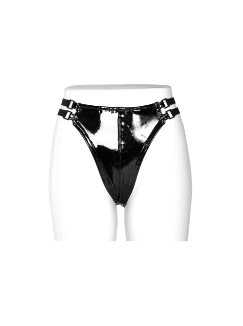 High Waist Side Metal Buckle Black Punk Tight PU Leather Thong