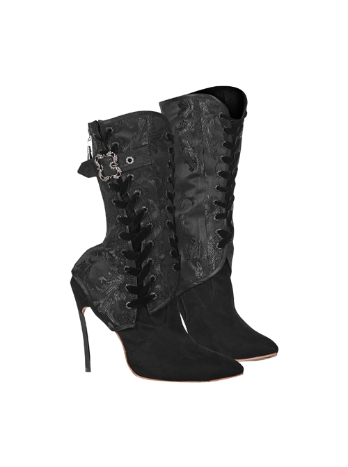 Black Jacquard Metal Hasp Side Lace-Up Gothic Shoe Cover