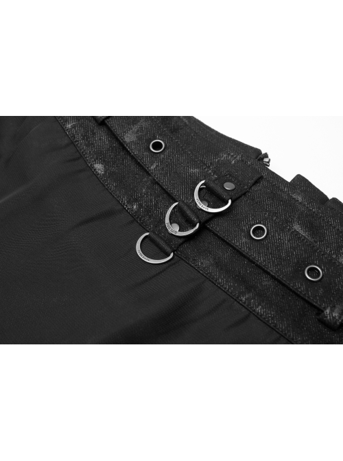 Front Metal Buckle Zipper Fake Two Pieces Black Knit Twill Splice Perspective Chiffon Punk Skirt