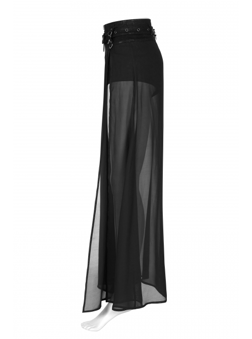 Front Metal Buckle Zipper Fake Two Pieces Black Knit Twill Splice Perspective Chiffon Punk Skirt