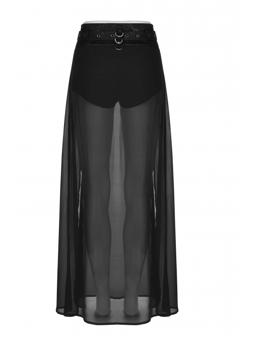 Front Metal Buckle Zipper Fake Two Pieces Black Knit Twill Splice Perspective Chiffon Punk Skirt