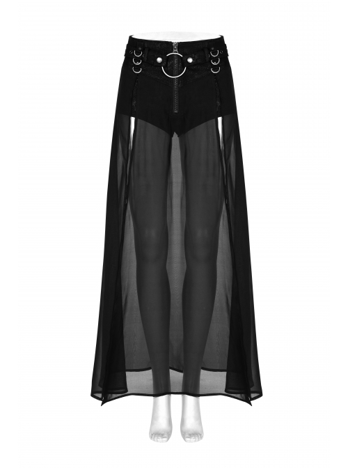 Front Metal Buckle Zipper Fake Two Pieces Black Knit Twill Splice Perspective Chiffon Punk Skirt
