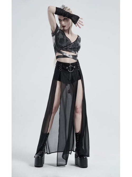 Front Metal Buckle Zipper Fake Two Pieces Black Knit Twill Splice Perspective Chiffon Punk Skirt