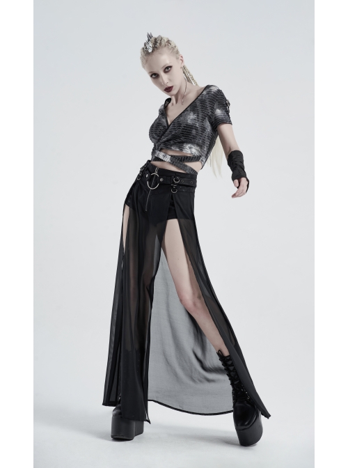 Front Metal Buckle Zipper Fake Two Pieces Black Knit Twill Splice Perspective Chiffon Punk Skirt