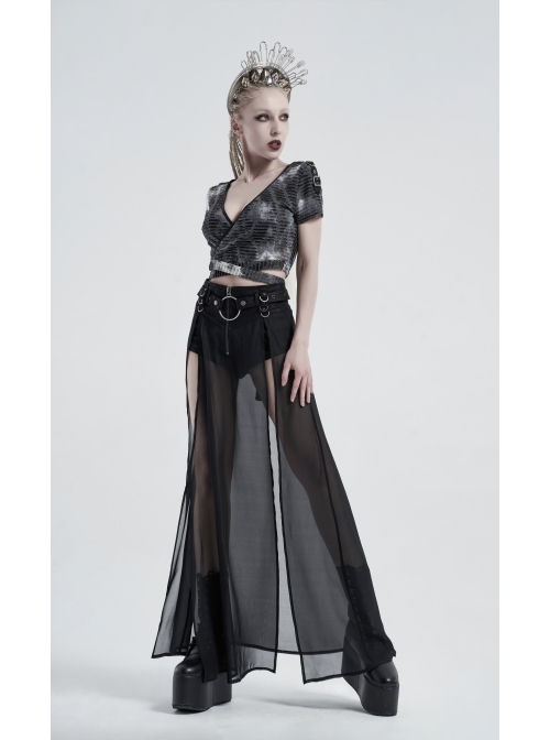 Front Metal Buckle Zipper Fake Two Pieces Black Knit Twill Splice Perspective Chiffon Punk Skirt