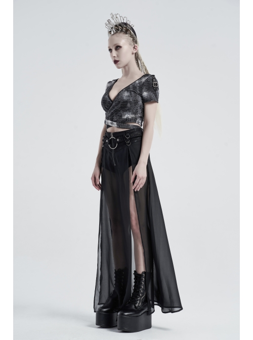 Front Metal Buckle Zipper Fake Two Pieces Black Knit Twill Splice Perspective Chiffon Punk Skirt