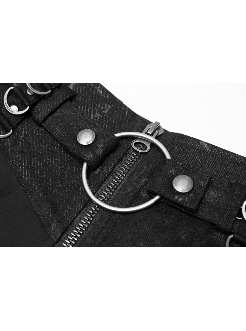 Front Metal Buckle Zipper Fake Two Pieces Black Knit Twill Splice Perspective Chiffon Punk Skirt