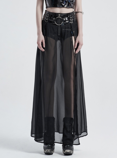 Front Metal Buckle Zipper Fake Two Pieces Black PU Leather Splice Perspective Chiffon Punk Skirt