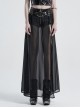 Front Metal Buckle Zipper Fake Two Pieces Black PU Leather Splice Perspective Chiffon Punk Skirt