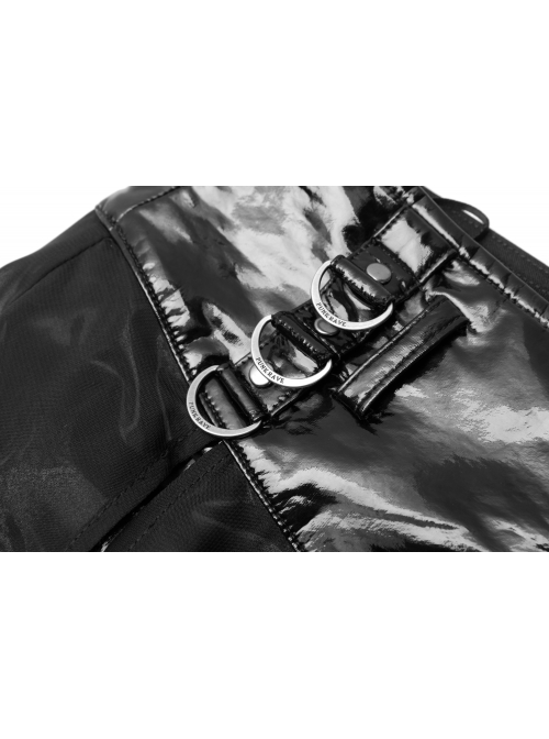 Front Metal Buckle Zipper Fake Two Pieces Black PU Leather Splice Perspective Chiffon Punk Skirt