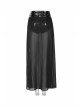Front Metal Buckle Zipper Fake Two Pieces Black PU Leather Splice Perspective Chiffon Punk Skirt