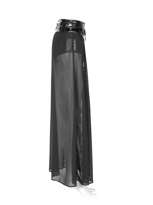 Front Metal Buckle Zipper Fake Two Pieces Black PU Leather Splice Perspective Chiffon Punk Skirt