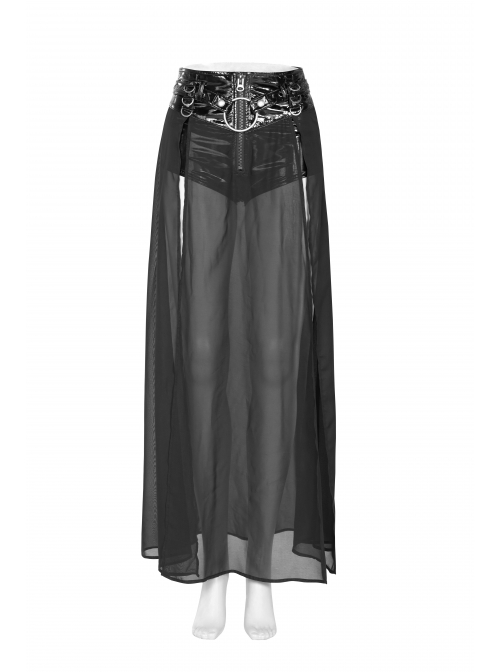 Front Metal Buckle Zipper Fake Two Pieces Black PU Leather Splice Perspective Chiffon Punk Skirt