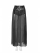 Front Metal Buckle Zipper Fake Two Pieces Black PU Leather Splice Perspective Chiffon Punk Skirt