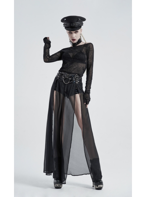 Front Metal Buckle Zipper Fake Two Pieces Black PU Leather Splice Perspective Chiffon Punk Skirt