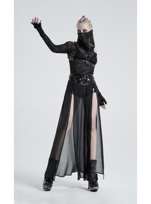 Front Metal Buckle Zipper Fake Two Pieces Black PU Leather Splice Perspective Chiffon Punk Skirt