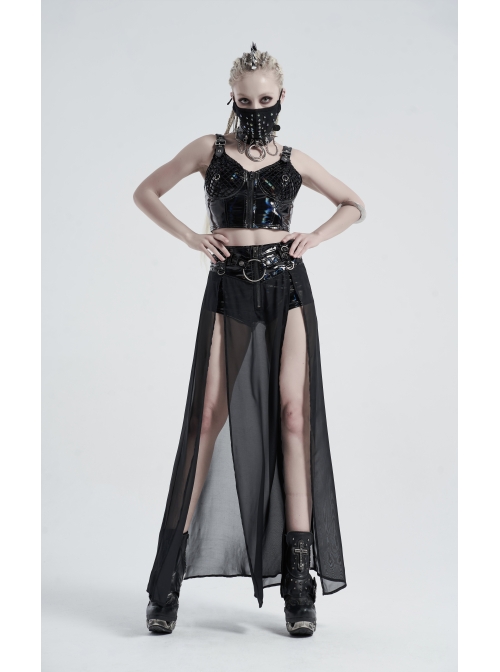 Front Metal Buckle Zipper Fake Two Pieces Black PU Leather Splice Perspective Chiffon Punk Skirt