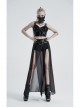 Front Metal Buckle Zipper Fake Two Pieces Black PU Leather Splice Perspective Chiffon Punk Skirt