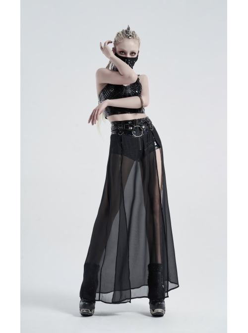 Front Metal Buckle Zipper Fake Two Pieces Black PU Leather Splice Perspective Chiffon Punk Skirt