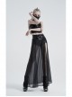 Front Metal Buckle Zipper Fake Two Pieces Black PU Leather Splice Perspective Chiffon Punk Skirt