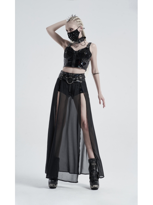 Front Metal Buckle Zipper Fake Two Pieces Black PU Leather Splice Perspective Chiffon Punk Skirt