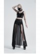 Front Metal Buckle Zipper Fake Two Pieces Black PU Leather Splice Perspective Chiffon Punk Skirt
