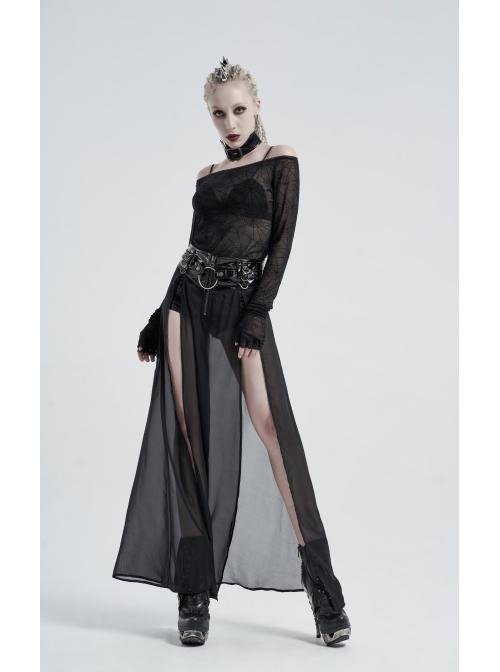 Front Metal Buckle Zipper Fake Two Pieces Black PU Leather Splice Perspective Chiffon Punk Skirt