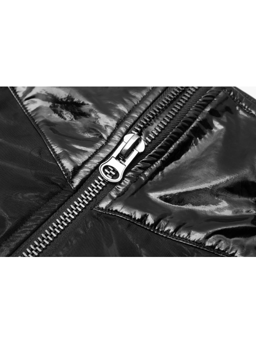 Front Metal Buckle Zipper Fake Two Pieces Black PU Leather Splice Perspective Chiffon Punk Skirt