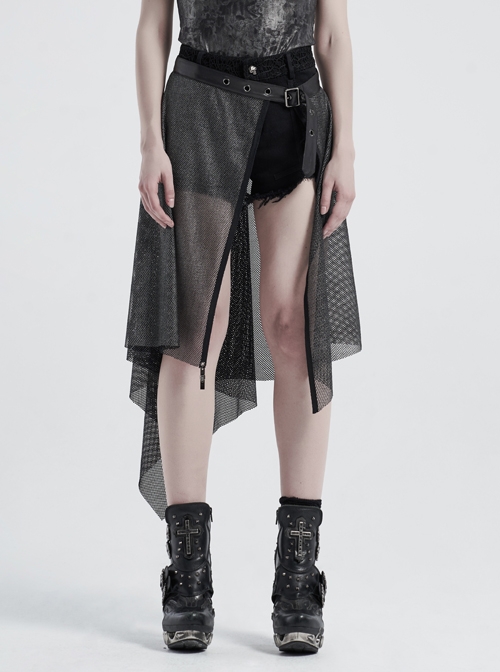 Metal Buckle Belt Skull Pendant Irregular Hem Silver Punk Mesh Skirt