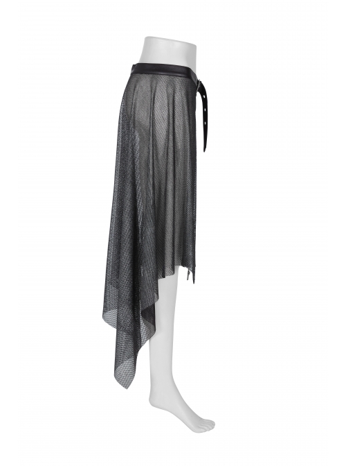 Metal Buckle Belt Skull Pendant Irregular Hem Silver Punk Mesh Skirt