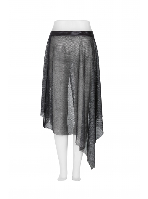 Metal Buckle Belt Skull Pendant Irregular Hem Silver Punk Mesh Skirt