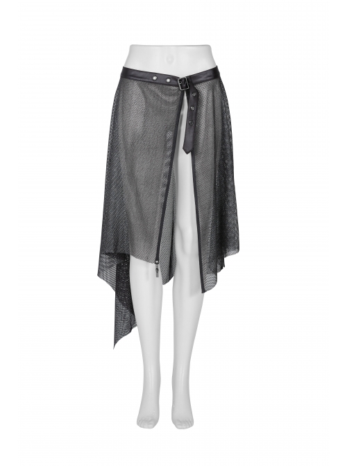 Metal Buckle Belt Skull Pendant Irregular Hem Silver Punk Mesh Skirt