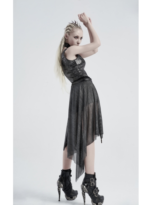 Metal Buckle Belt Skull Pendant Irregular Hem Silver Punk Mesh Skirt