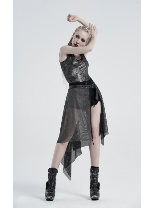 Metal Buckle Belt Skull Pendant Irregular Hem Silver Punk Mesh Skirt