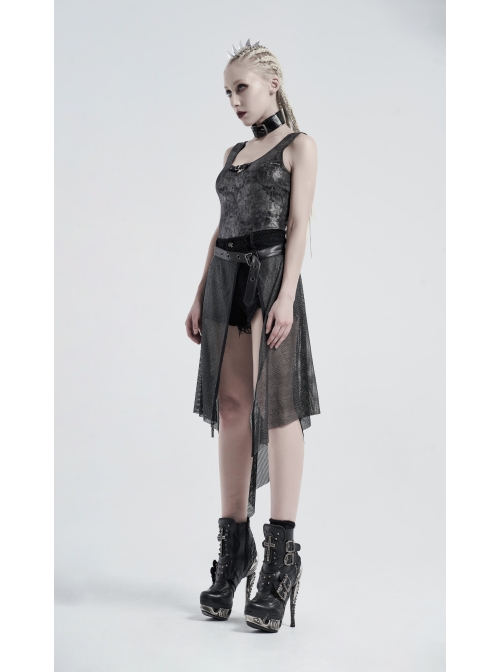 Metal Buckle Belt Skull Pendant Irregular Hem Silver Punk Mesh Skirt