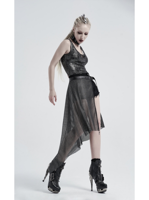 Metal Buckle Belt Skull Pendant Irregular Hem Silver Punk Mesh Skirt