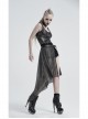 Metal Buckle Belt Skull Pendant Irregular Hem Silver Punk Mesh Skirt
